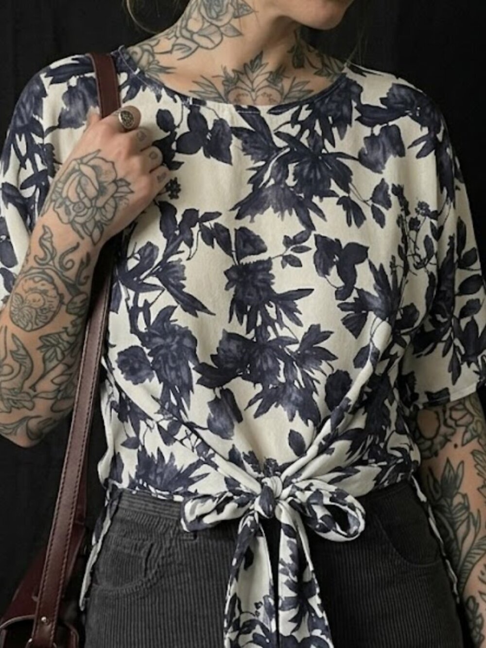 West Kei Boho Tie-Front Floral Blouse Boatneck Top S (Fits M-L) RN#136655